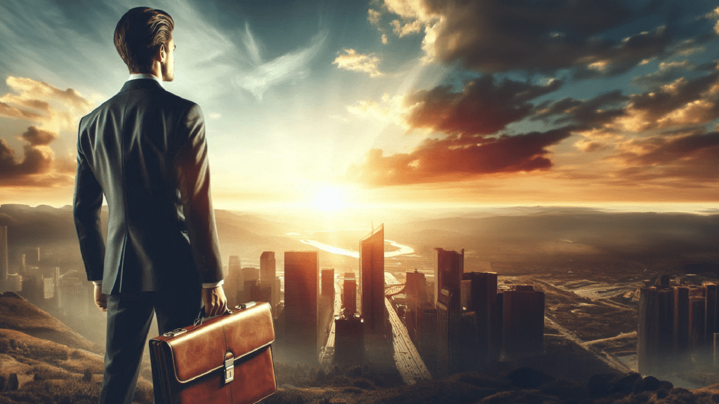 Switching Career - A professional holding a briefcase, looking towards a new horizon - Offshoring and Outsourcing