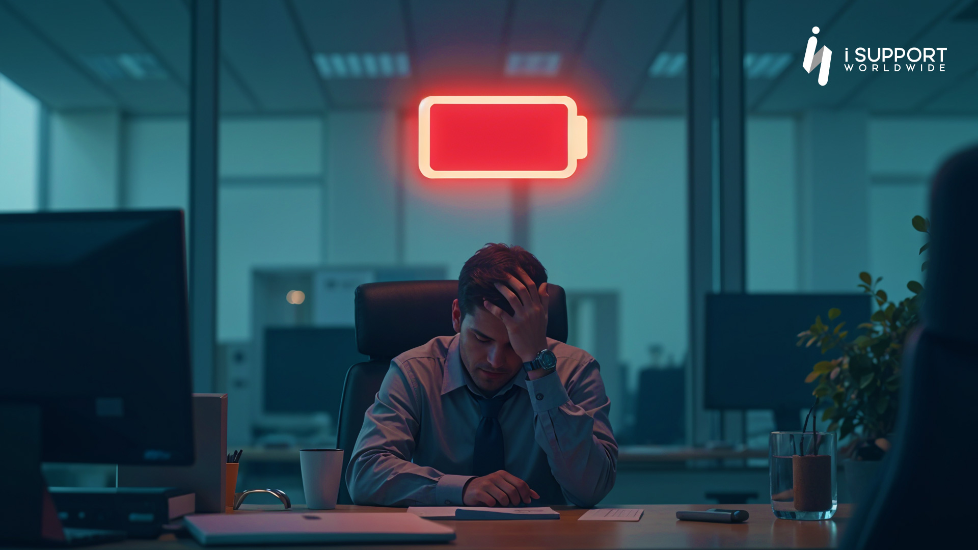 Offshoring-An employee sitting at their desk with a glowing battery-iSupport Worldwide