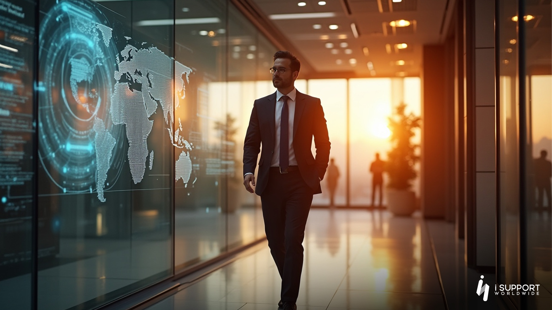 Outsourcing- CEO walking past floating holograms-iSupport Worldwide