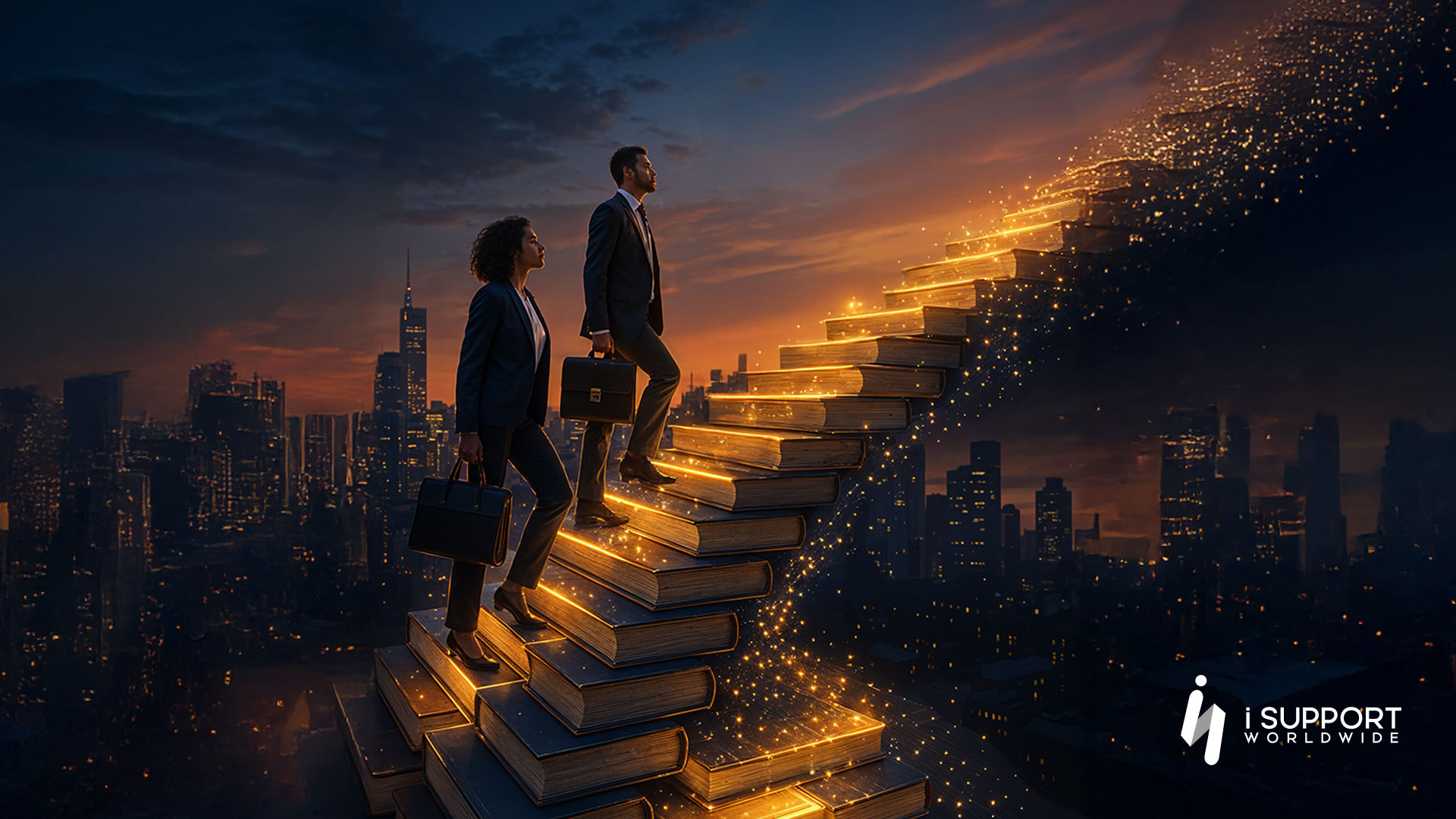 Outsourcing-group of professionals climbing a staircase-iSupport Worldwide