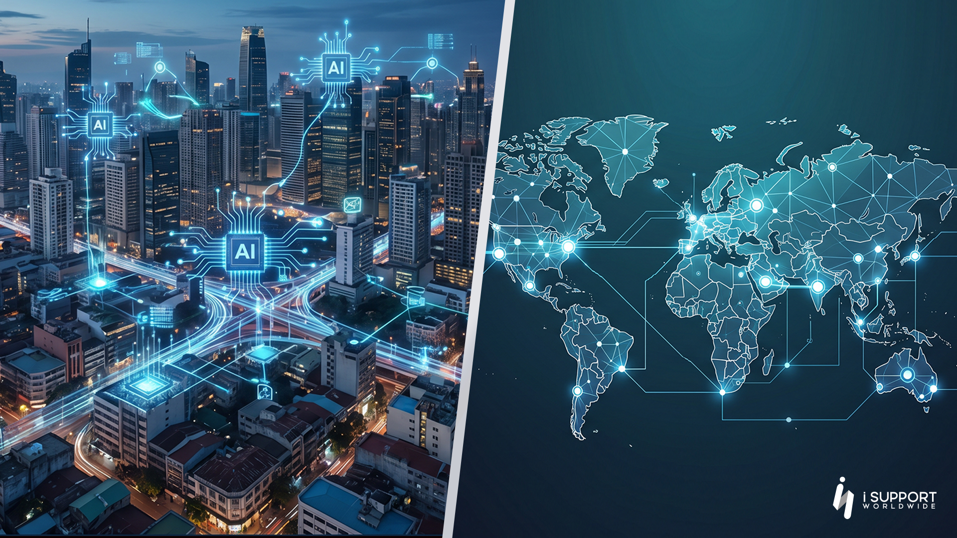 Offshoring-Manila skyline with dense glowing AI nodes-iSupport Worldwide